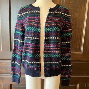 Talbots Petites Striped Cardigan Fair Isle Navy Blue Multi Wool Blend Sequins